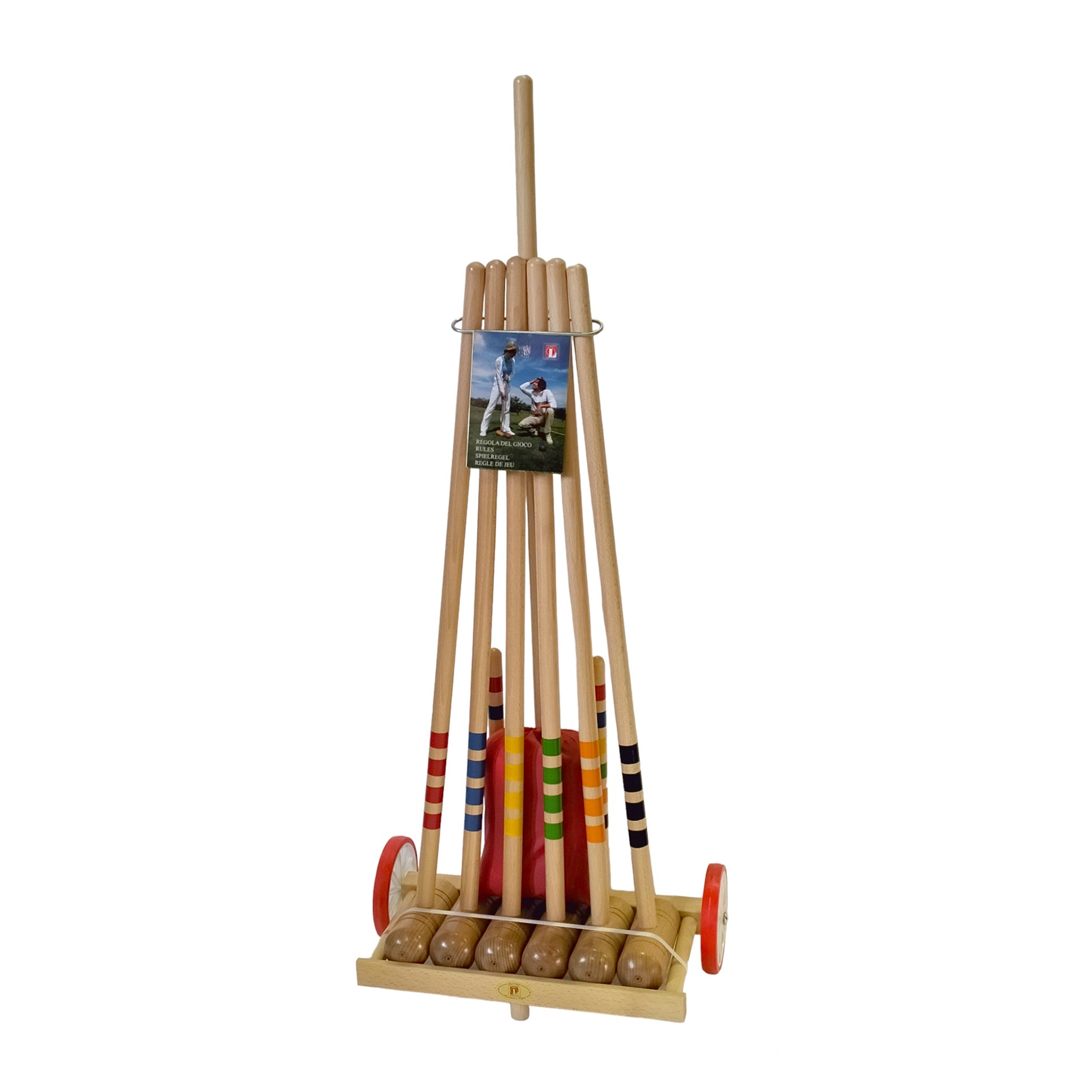 6 Player croquet set with wooden trolley close up front