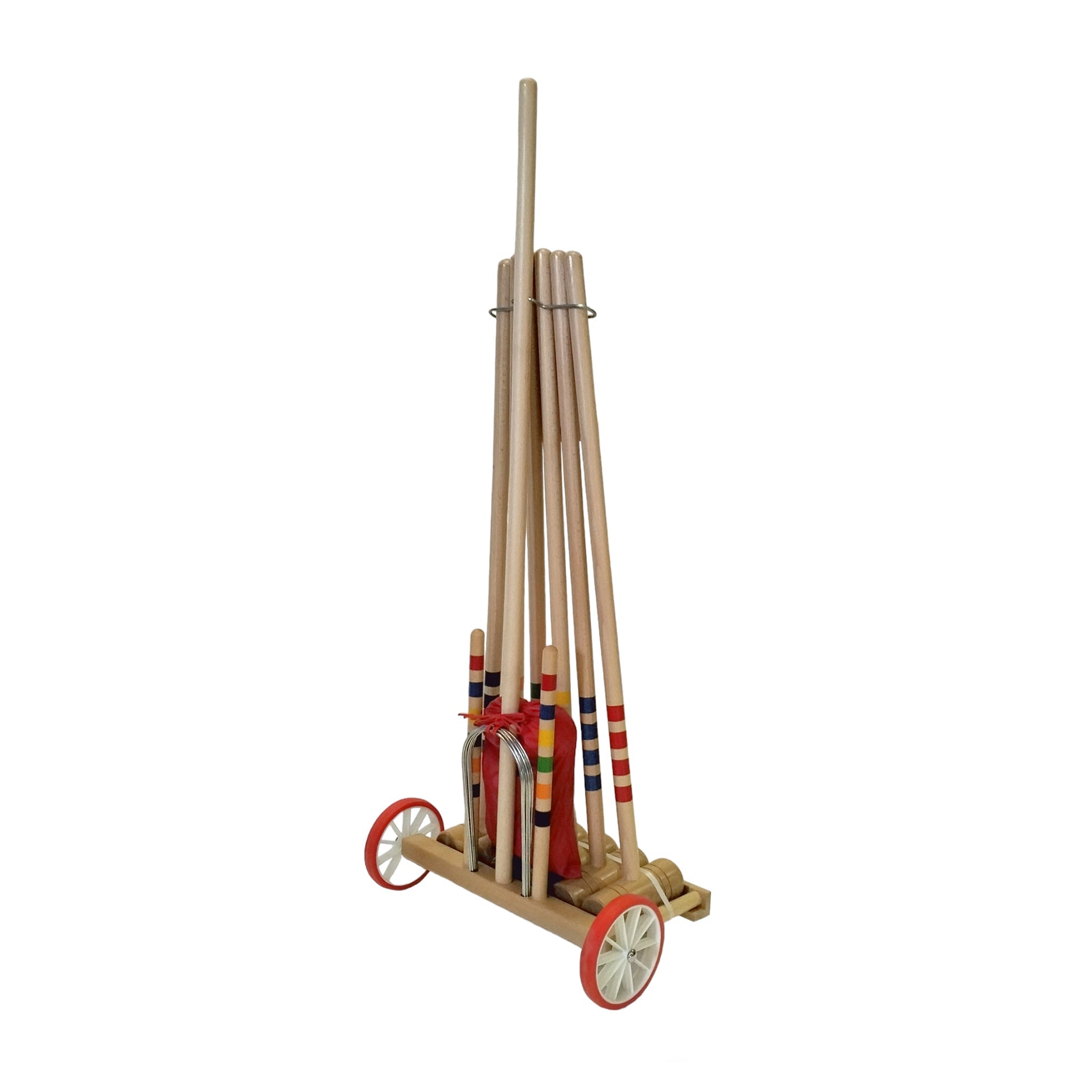 6 Player croquet set with wooden trolley close up back