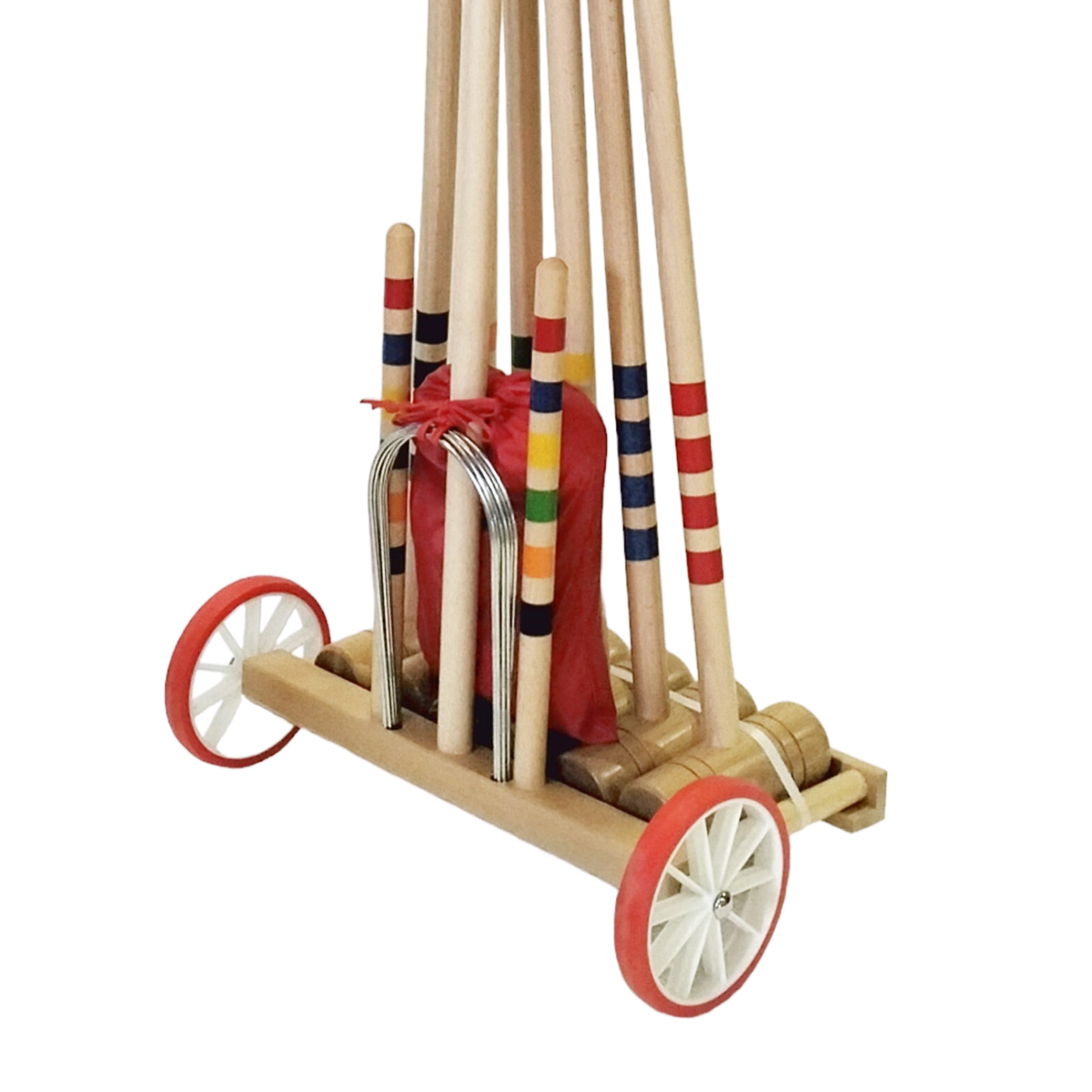 6 Player croquet set with wooden trolley close up